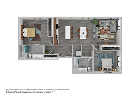 A floor plan of a house with a kitchen, living room, and two bedrooms.